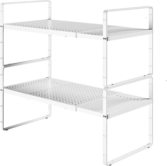 Expandable Cabinet Shelf Organizers, Kitchen Small Stand Rack Organization for Countertop Cupborad Pantry, White 2 Pack-NeatNest