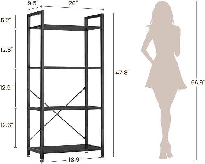 Casaottima Book Shelf, 4 Tier Bookshelf, Modern Wood Bookcase Shelves for Bedroom, Industrial Display Shelf for Living Room Home Office Kitchen, Standing Shelving Unit Storage Organizer, Black-NeatNest