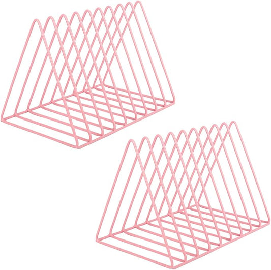 EASEPRES Vinyl Record Holder Storage, 9 Slot Metal Magazine Book Album Display Rack, Stylish Triangle Desktop File Sorter Organizer for Home Office, Pink Pack of 2