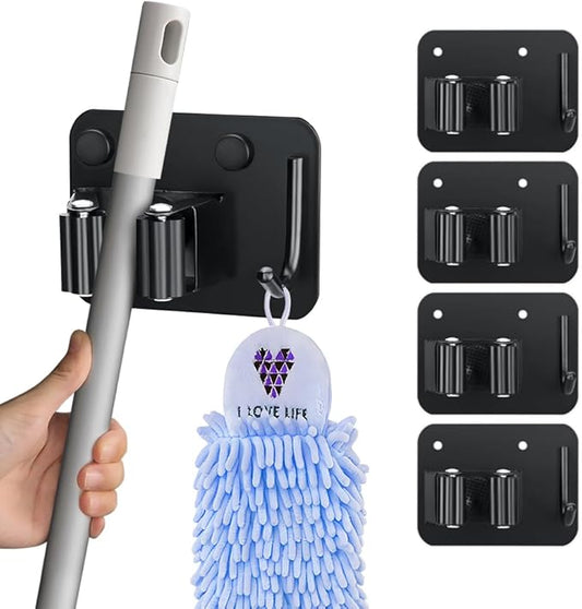 4-Pack Broom Holder with Heavy Duty Hooks, Upgraded Stainless Steel Mop Hanger. Wall Mount Utility Tool Rack for Kitchen Garden Laundry Garage. Matte Black.-NeatNest