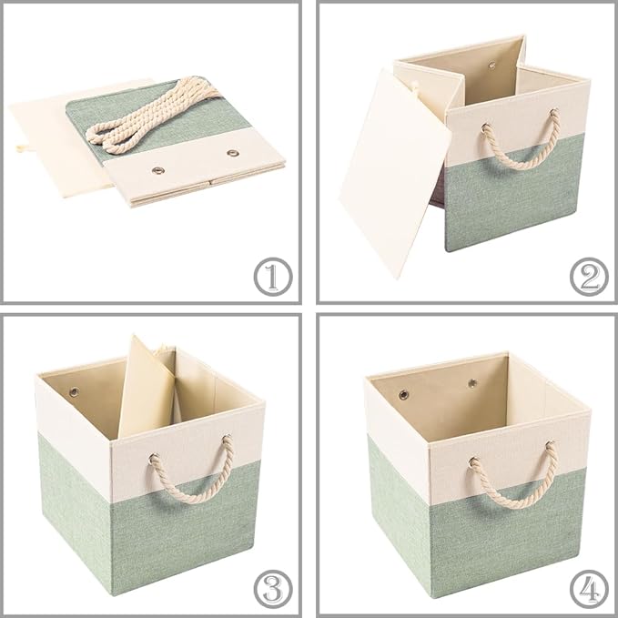 PRANDOM Large Foldable Cube Storage Bins 13x13 inch [4-Pack] Fabric Linen Storage Baskets Cubes Drawer with Cotton Handles Organizer for Shelves Nursery Closet Bedroom Beige/Green-NeatNest