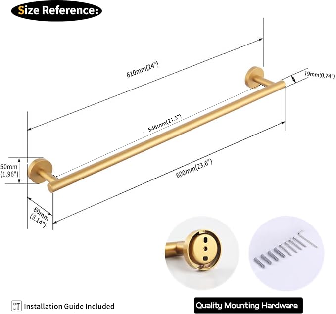GERZWY 24-Inch Bathroom Towel Bar Gold Stainless Steel Modern Round Style Bath Hand Towel Rack Wall Mount AG1101C60-BE