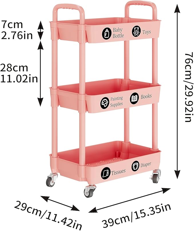 Laiensia 3-Tier Rolling Cart with Wheels,Multifunction Utility Storage carts, Kitchen Storage Organizer,Mobile Shelving Unit for Bathroom,Laundry,with Classified Stickers,Pink-NeatNest