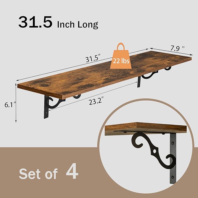 DINZI LVJ Long Wall Shelves, 31.5 Inch Large Floating Shelves Set of 4, Wide Display Shelf Wall Mounted with Brackets, Easy Hanging for Living Room, Toilet, Office, Bedroom, Rustic Brown-NeatNest