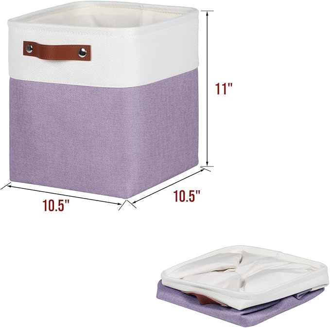 Univivi 10.5 Inch Fabric Cube Bins with Hard Bottom, 4 Pack Storage Baskets with PU Handles for Shelves Closet Foldable Storage Bins for Organizing (Purple,10.5" x 10.5" x 11")-NeatNest