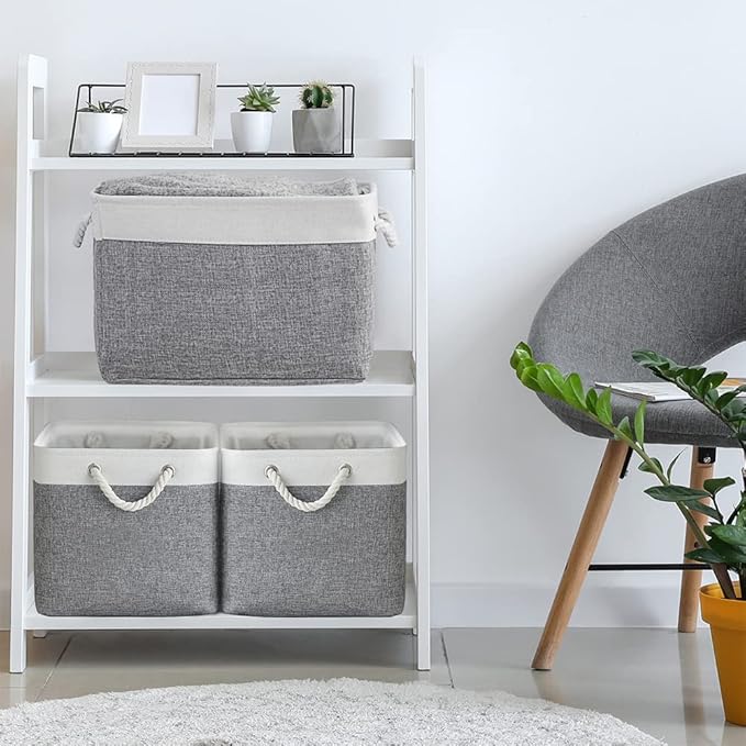 TheWarmHome Organization and Storage Basket for Organizing - 3 Pack 16x12x12 inch Cube Storage Bin Fabric Storage Cubes for Organizer Cloth Gift Toy Closet (White & Grey)-NeatNest