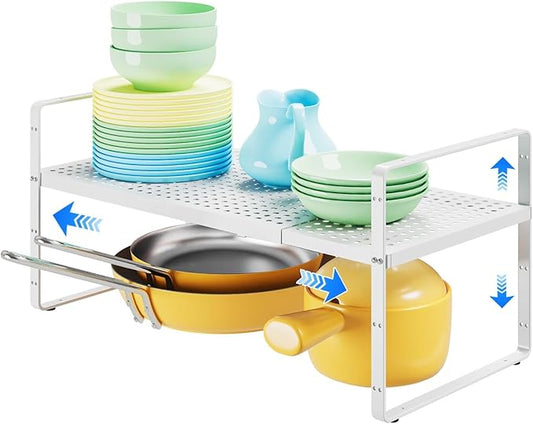 Expandable Cabinet Shelf Organizers, Kitchen Small Stand Rack Organization for Countertop Cupborad Pantry, White 1 Pack-NeatNest
