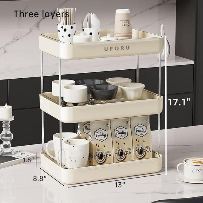 Countertop Coffee Station Organizer, 3 Tier Wine Glass Holder, Mug Shelf with Removable Drain Tray, Spice Rack for Kitchen, Bathroom Countertop Organizer, Cream White-NeatNest