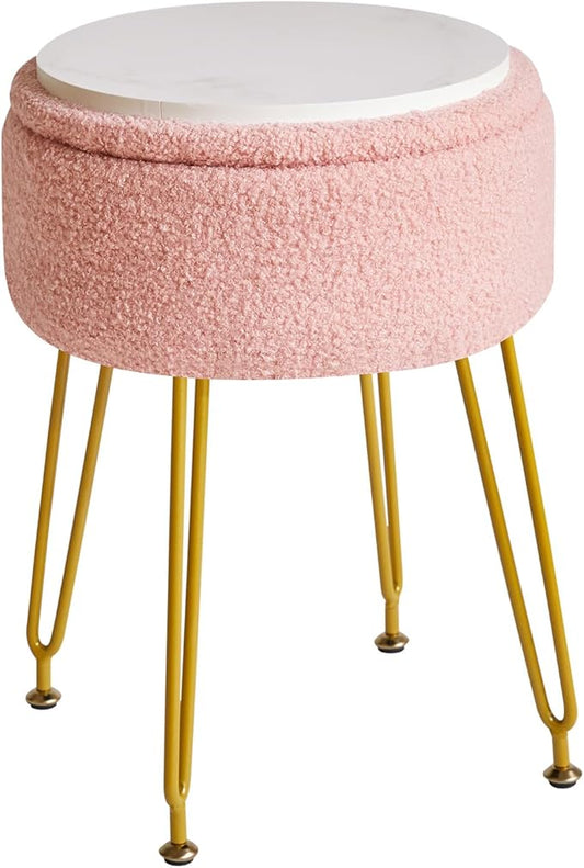 IBUYKE Teddy Velvet Storage Footrest Stool Ottoman, Makeup Vanity Stool Side Table with Removable Cover, Golden Steel Legs, Coffee Table Top Cover, Pink WBD010P