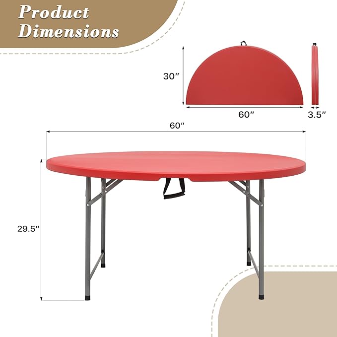 Athena Collection 5 ft Plastic Folding Dining Table, Large Foldable Round Card Table Portable with Carry Handle Heavy Duty Fold-in-Half for Indoor Outdoor Party Camping, Red-NeatNest