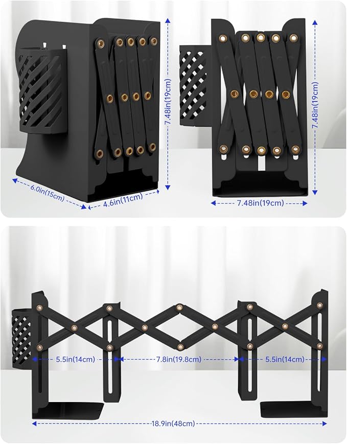 Honagu Adjustable Bookends, Metal Book Ends for Shelves Heavy Book, Desk Magazine File Organizer for Home, Office, Books, Papers, Extends up to 19 inches with Pen Holder (Black)