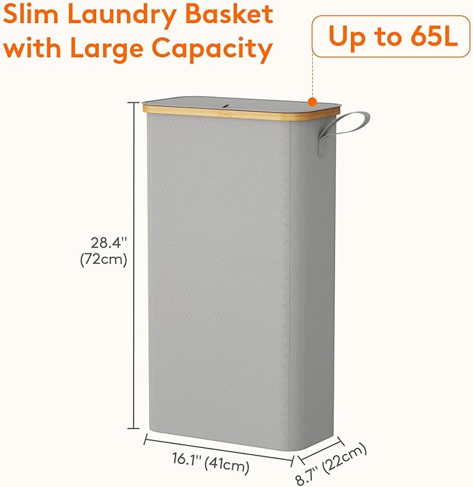 Lifewit 65L Slim Laundry Hamper with Lid, Narrow Laundry Basket with Removable Bag & Bamboo Handles, Fodable Thin Dirty Clothes Hamper for Laundry Collapsible Bin for Bathroom Bedroom Dorm,Silver Grey-NeatNest