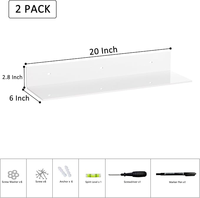 20 Inches Acrylic Wall Shelves 2 Pack, Floating Shelf for Wall Mounting, Acrylic Display Ledges for Funko Pop Figures, Home Décor, Living Room, Gaming Room, Plants(20 inch, White)-NeatNest