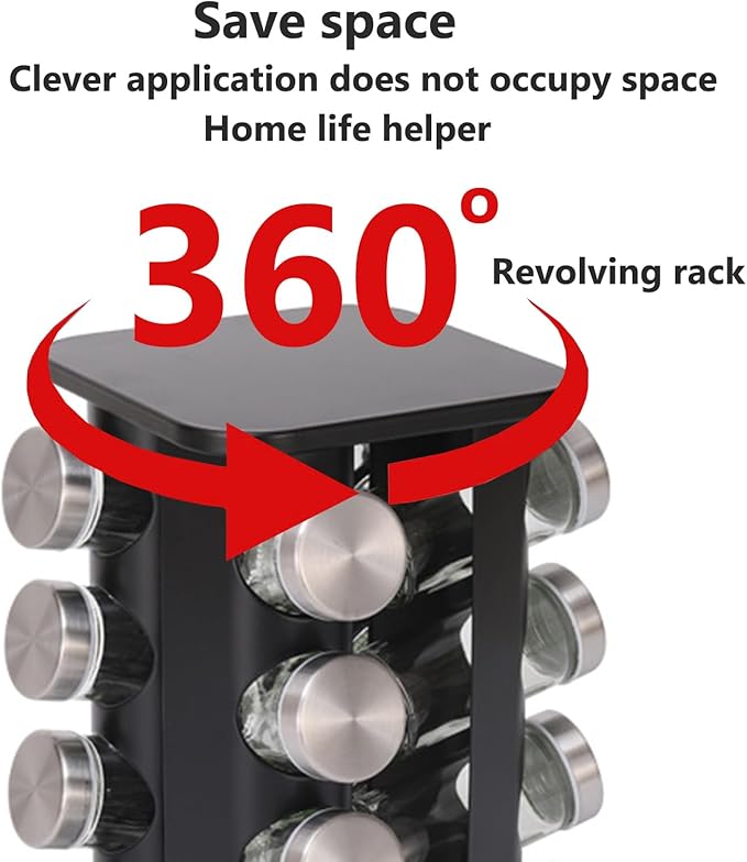 Spice rack-Revolving Spice Rack Set, Kitchen Spice Tower Organizer for Countertop or Cabinet -Desktop Rotating Seasoning Organizer(Stainless Steel) (Black, SquareHead_16Jars)