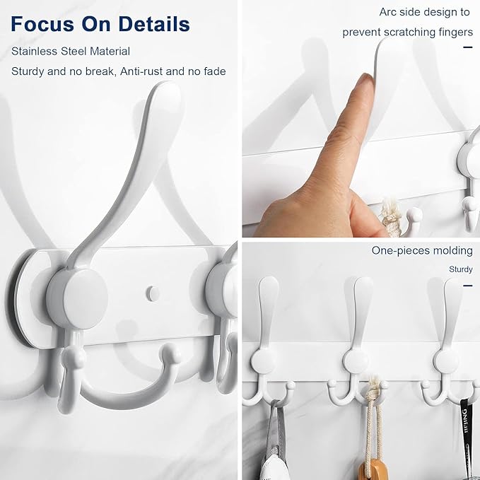 NearMoon Coat Rack Wall Mounted-2 Pack, Heavy Duty Bath Towel Hooks Stainless Steel Robe Hooks Holder, Metal Coat Hook for Towel Coat Hat Key Bathroom Bedroom Hotel Entryway (5 Hooks, White)