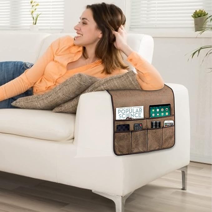 HAOMAIJIA Anti Slip Sofa Armrest Organizer Arm Chair Bedside Caddy Storage Organizer For Recliner Couch With 6 Pockets For Cell Phone Tv Remote Control Magazines (brown)-NeatNest