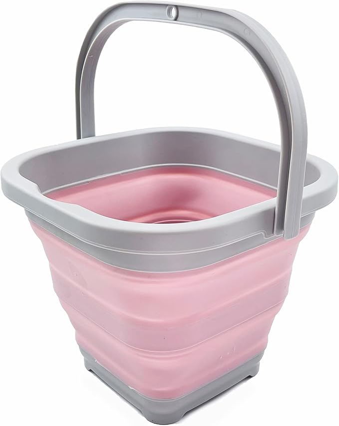 SAMMART Collapsible Rectangular Cleaning Bucket 5L (1.3 Gallon)- Foldable Camping Beach Sand Water Pot Pail- Portable Space Saving Tub for Household, Outdoor Car Washing (Grey/Pale Pink)-NeatNest