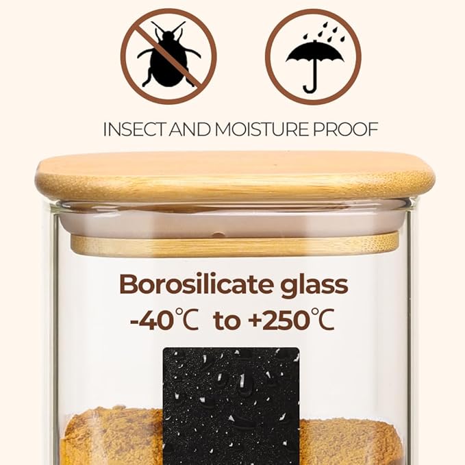 Comsaf Spice Jars with Label，8 oz Small Glass Jars with Lids, 6 Pcs Seasoning Containers, Rectangle Glass Containers with Lids, Empty Seasoning Jars for Pantry Storage, Loose Tea, Herbs, Powders, Salt-NeatNest