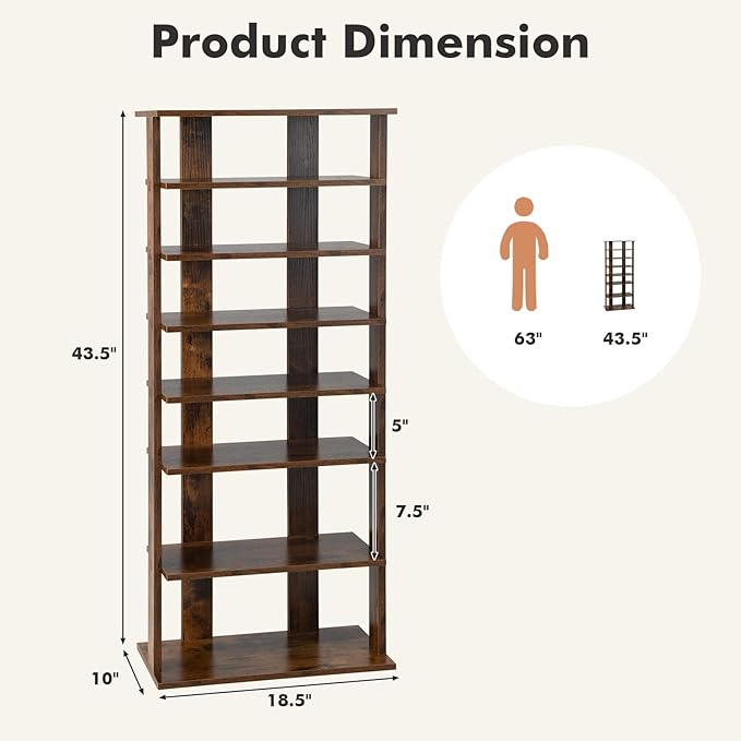 COSTWAY 7 Tiers Shoe Rack, Double Rows Vertical Tall Narrow Patented Shoe Organizer, Free Standing Shoe Rack for Small Space, Entryway, Closet, Living Room, Bedroom (Rustic Brown)-NeatNest