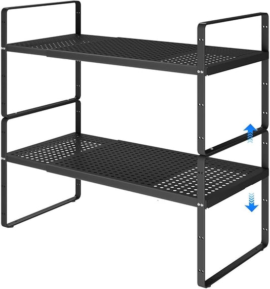 Expandable Cabinet Shelf Organizers, Kitchen Small Stand Rack Organization for Tabletop Countertop Cupborad Pantry, Black 2 Pack-NeatNest