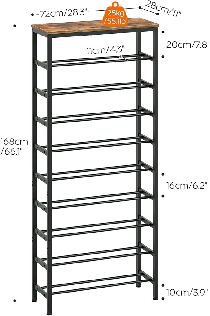 10 Tier Tall Shoe Rack, Large-Capacity Shoe Storage Organizer, Free Standing Shoe Shelf for Closet, Adjustable Metal Shoe Racks Organizer for 40 Pairs of Shoes, Rustic Brown and Black SS70BR-NeatNest