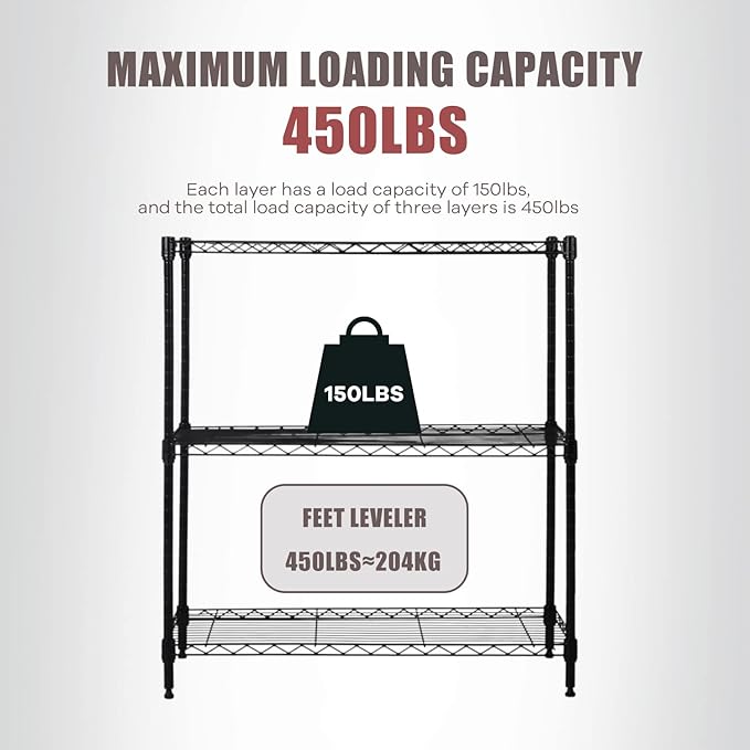3-Tier Wire Shelving Unit Storage Shelves Shelf Organizer 30"x23"x12" Heavy Duty Metal Storage Rack Wire Rack NSF Height Adjustable for Laundry Bathroom Kitchen Garage Shelving(Black)