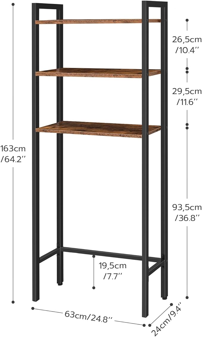HOOBRO Over-The-Toilet Storage, 3-Tier Bathroom Organizer Over Toilet, Wooden Bathroom Shelves, Space Saver, Freestanding Storage Shelf, Easy to Assemble, Rustic Brown and Black BF41TS01