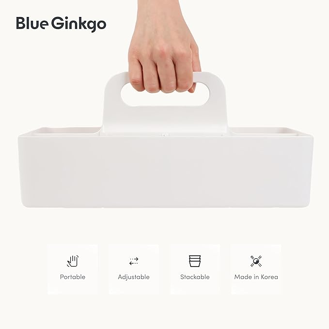 BLUE GINKGO Stackable Organizer Caddy – Korean-Made Portable Tote for Bathroom, Office, Crafts, or School Supplies (Long Rectangle, White)-NeatNest