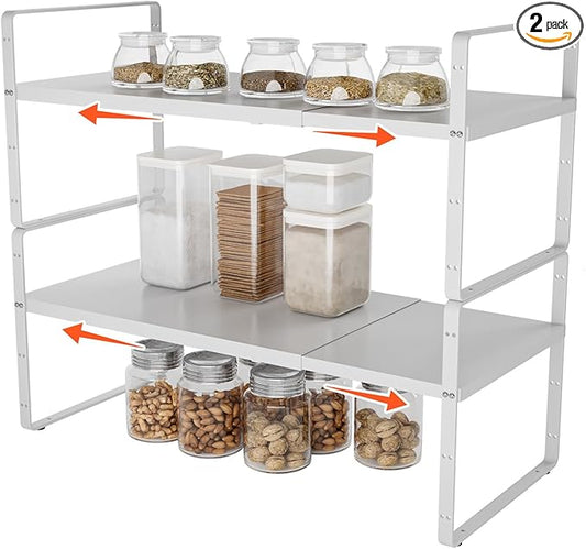 2Pack 16.5-27’’L Expandable Stackable Cabinet Shelves, Adjustable Spice Rack Cabinet Shelf Organizer for Kitchen, Countertop, Pantry and Cupboard, White-NeatNest