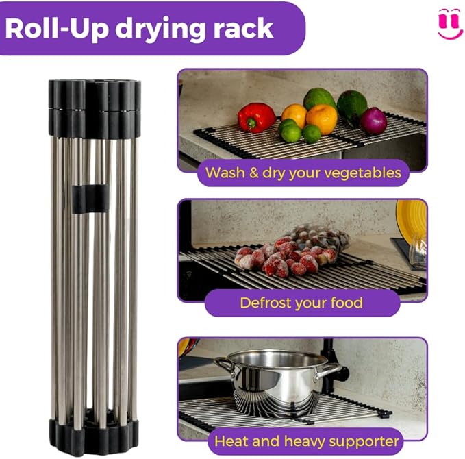 3-in-1 Over Sink Dish Drying Rack – Roll-Up Sink Rack, Silicone Mat & Folding Dish Rack – Multi-Functional, Space-Saving Kitchen Organizer (Black)