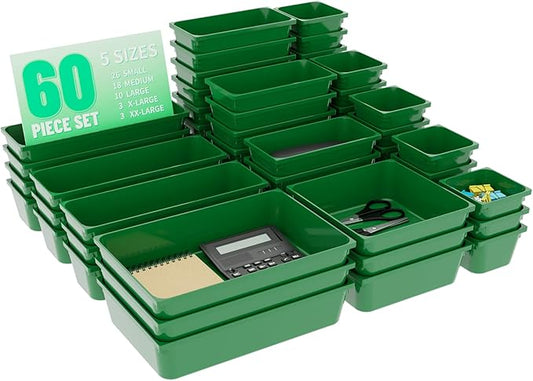 60 Pcs Plastic Drawer Organizer Set,5 Size Small Storage Containers for Organizing Jewelry,Utensil,Junk,Tea,Makeup,Shallow Drawer Organizers Tray Suitable for Office,Desk,Bathroom,Vanity,Kitchen,Green-NeatNest