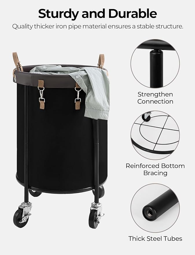 StorageWorks 110L Rolling Laundry Basket, Clothes Hamper with Wheels, Round Clothing Cart with Steel Frame and Removable Bag, 4 Casters and 2 Brakes, Black, 1-Pack