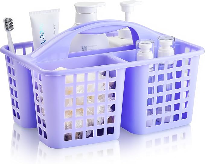 Haundry Plastic Shower Caddy Basket with 3 Compartments, Portable Divided Cleaning Supply Storage Organizer with Handle (Purple)-NeatNest