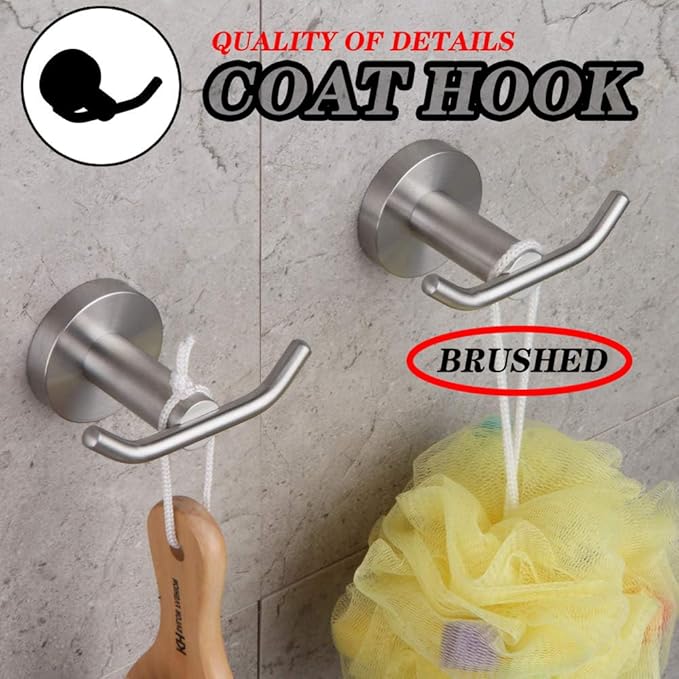 GERZ Bath Double Towel Hook SUS 304 Stainless Steel Coat/Robe Clothes Hook for Bath Kitchen Modern Hotel Style Wall Mounted 2 Pack Brushed Finish AG61908-2LS