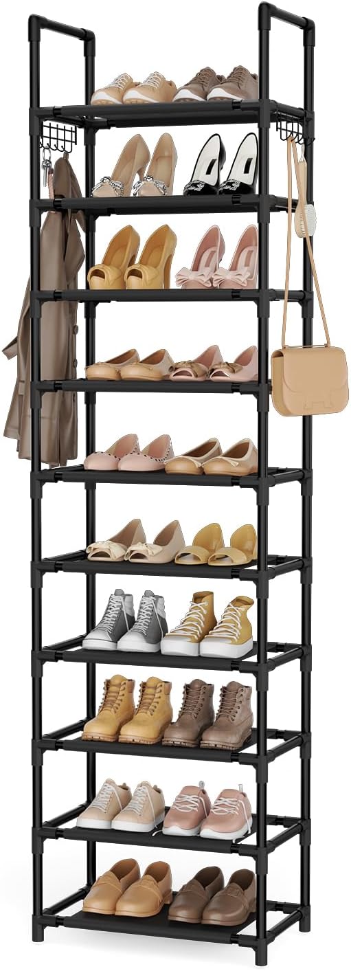 10 Tiers Shoe Rack 20-25 Pairs Large Capacity Tall Shoe Organizer Sturdy Shoe Storage with Two Hooks Metal Narrow Shoe Rack for Closet, Entryway, Bedroom, Black-NeatNest