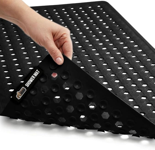 GORILLA GRIP Patented Bath Tub Shower Mat, Machine Washable Bathtub Floor Liner Mats, Suction Cups and Drain Holes to Keep Tubs Clean, Soft on Feet, Bathroom Essentials, 35x16 Inch, Black-NeatNest