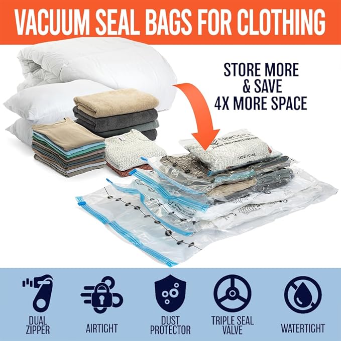 Vacuum Seal Bags for Clothing Travel, 25 Combo - Space Saver Vacuum Storage Bags, Blanket & Clothes Storage Bags Vacuum Sealed – Hand Pump Included, Bolsas Para Guardar Ropa Al Vacío