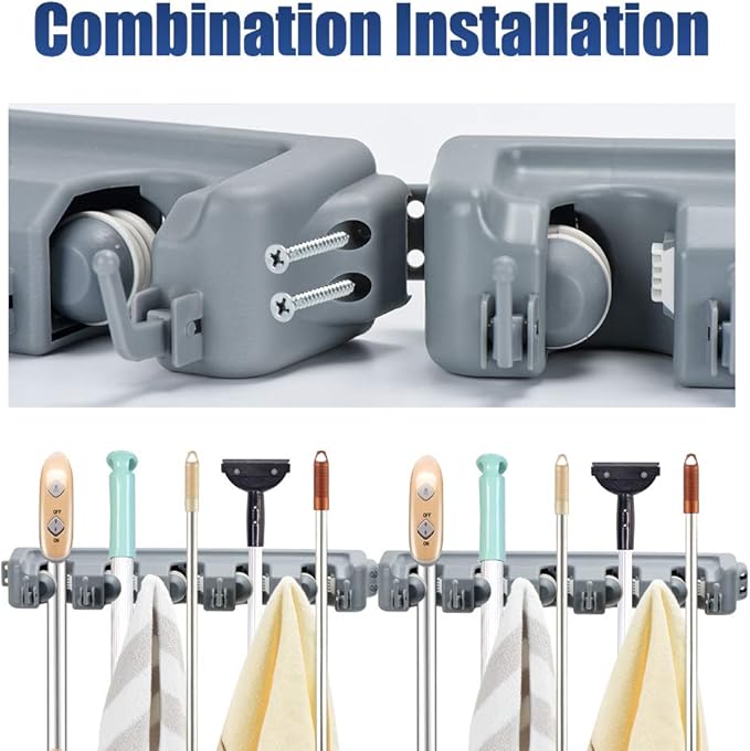 HOME MASTER HARDWARE (2 Pack 16 in Broom Mop Holder Garage Storage Organizer with 5 Racks 6 Hooks Adjustable Wall Mounted Storage Tool for Lanudry Garage Kitchen Garden-NeatNest