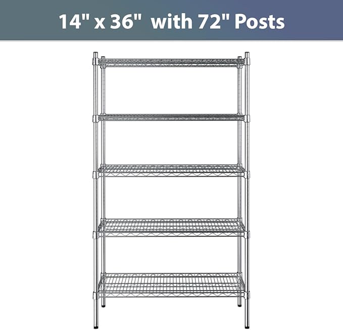 14" x 36" NSF Chrome 5-Shelf Kit with 72" Posts, Commercial Storage Rack Unit, Heavy Duty Storage Shelving, Wire Shelving Kit, Adjustable Rack Strong Steel, Multipurpose Wire Shelf