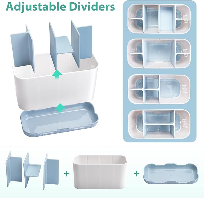 Boperzi Electric Toothbrush Holder for Bathroom Organizer Countertop, Detachable Anti-Slip Blue Toothpaste Storage Caddy 6 Slots White with Drainage Holes for Makeup Brush Razor Stand-NeatNest