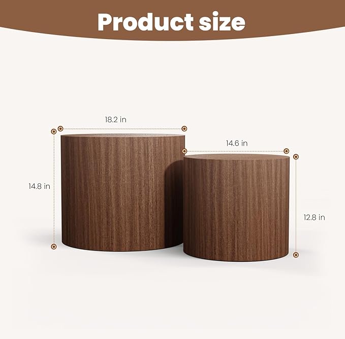 Round Nesting Coffee Table Set of 2 Modern Wood Coffee Tables Handcraft Drum Coffees Table Farmhouse Round Sofa Side Tables End Table for Living Room Small Spaces (Dark Wood)