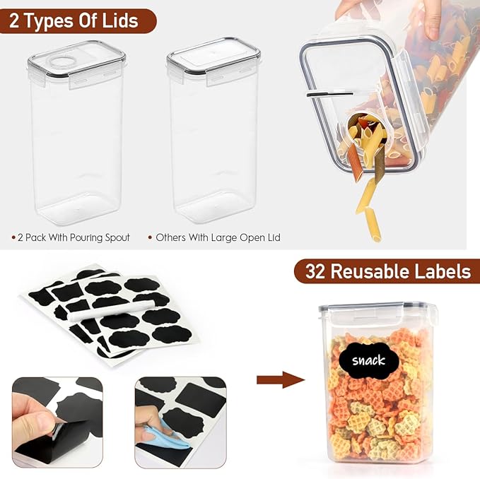 64 PCS Airtight Food Storage Containers With Lids BPA Free,6 Pack With Pouring Spout Cereal Containers Storage for Kitchen Pantry Organization and Storage,Dishwasher safe,Labels Marker-NeatNest