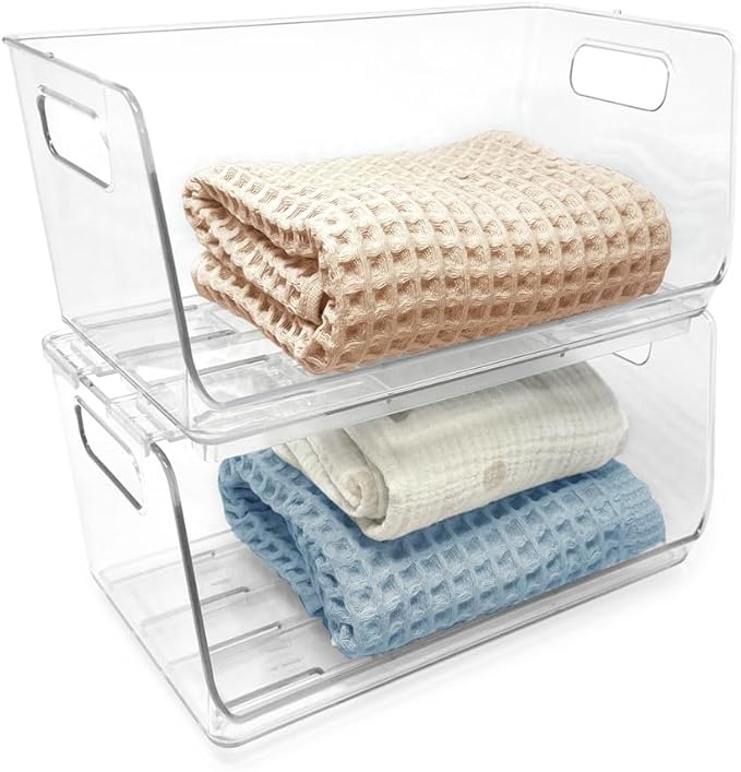 Isaac Jacobs 2-Piece (13" x 7.3" x 6.1") Large Wide Stackable Clear Storage Bins w/Open Front, Versatile Use, Set of 2, Desk, Office, Bathroom, Bedroom, Closet