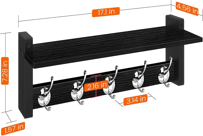 Homode Wall Coat Rack With Shelf, Wood Entryway Hanger With Hooks, Small Floating Pegs for Hanging Coats, Hats, Purses, Backpacks, Black