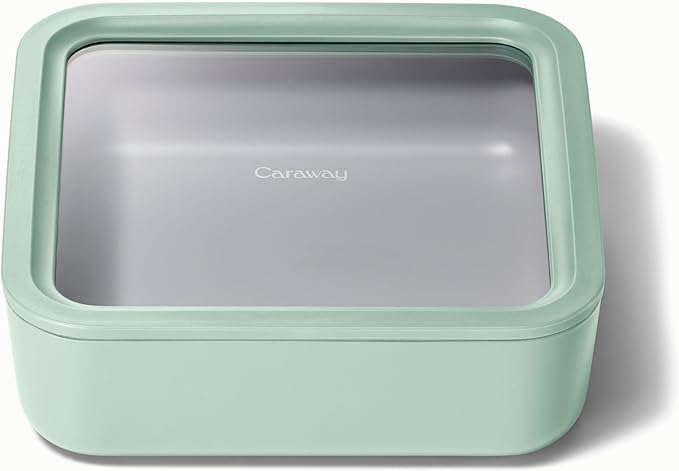 Caraway Glass Food Storage, 10 Cup Glass Container,Ceramic Coated Food Container,Easy to Store, Non Toxic, Non Stick Lunch Box Container with Glass Lids. Dishwasher, Oven,Square Shape,Mist-NeatNest