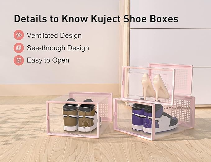 Kuject X-Large Shoe Storage Boxes Organizers Clear Plastic Stackable 12 Pack, Shoe Rack & Holder Substitute, Sneaker Containers, Toy Storage Organizer Bins for Entryway, Closet, Under Bed, Pink-NeatNest