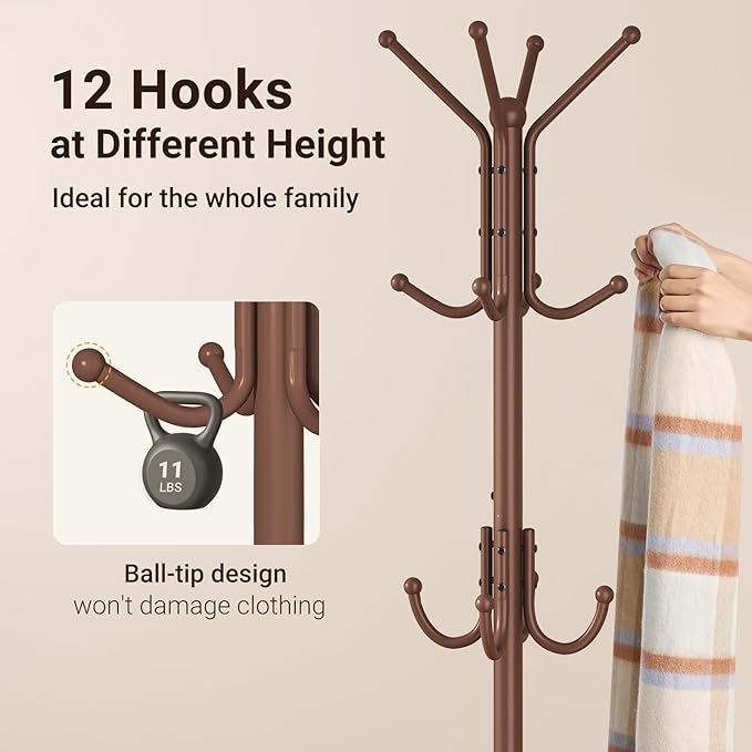 ELYKEN Coat Rack Freestanding, Metal Coat Rack Stand with Umbrella Holder, Modern Coat Tree with 12 Hooks, Floor Standing Corner Hall Tree for Entryway Living Room Bedroom Office, Brown-NeatNest