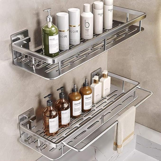 EVALAND Aluminum Shower Caddy, Adhesive Shower Shelves, 2-Pack with Hooks and Rod for Towels, No Drill Wall Mount Rustproof Premium Organizer for Bathroom, Kitchen, Silver