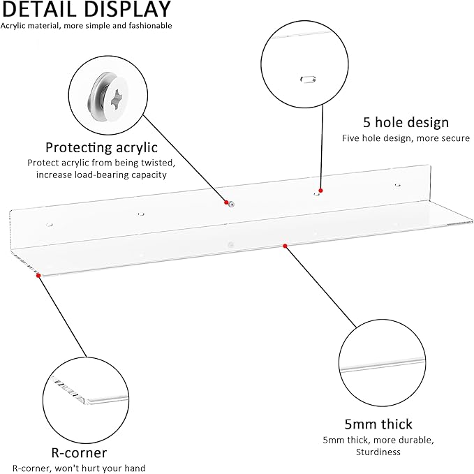 30 Inches Clear Long Floating Shelves for Wall, Acrylic Wall Shelf for Plants, Radio, Funko Pop, Books, Picture Frame, Clock, Cosmetics, Toiletries, 2 Pack(30 Inch)-NeatNest