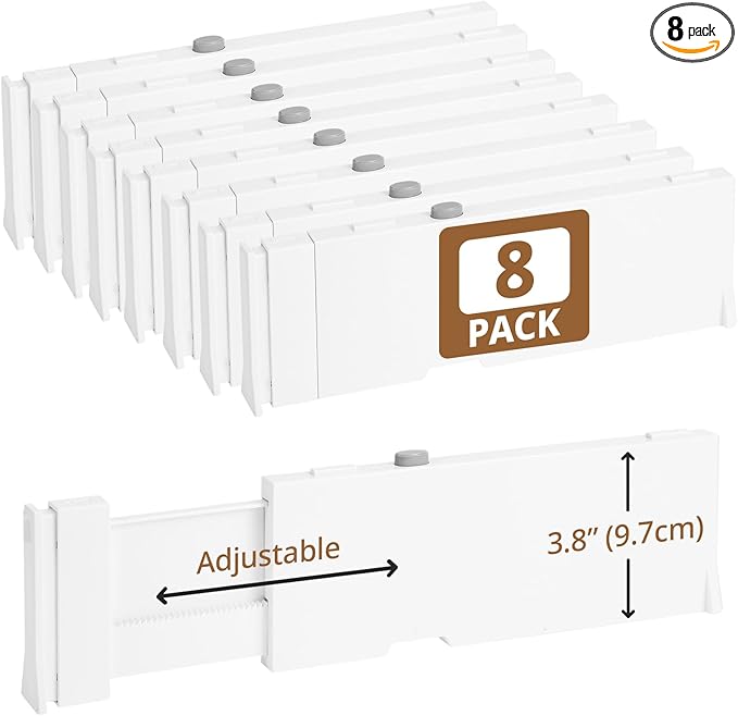8 Pack 3.8" High Drawer Dividers, 11"-17" Expandable Drawer Organizer For Clothes, Dresser Drawer Organizer, Warm White Drawer Separators for Baby Clothes, Vanity, Cosmetic, Kitchen and Office Storage-NeatNest